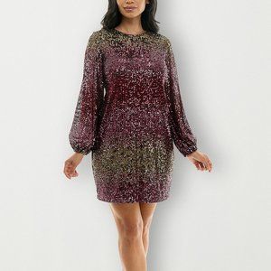 Gold & Pink Ombre Long Sleeve Sequin Shift Dress, 2